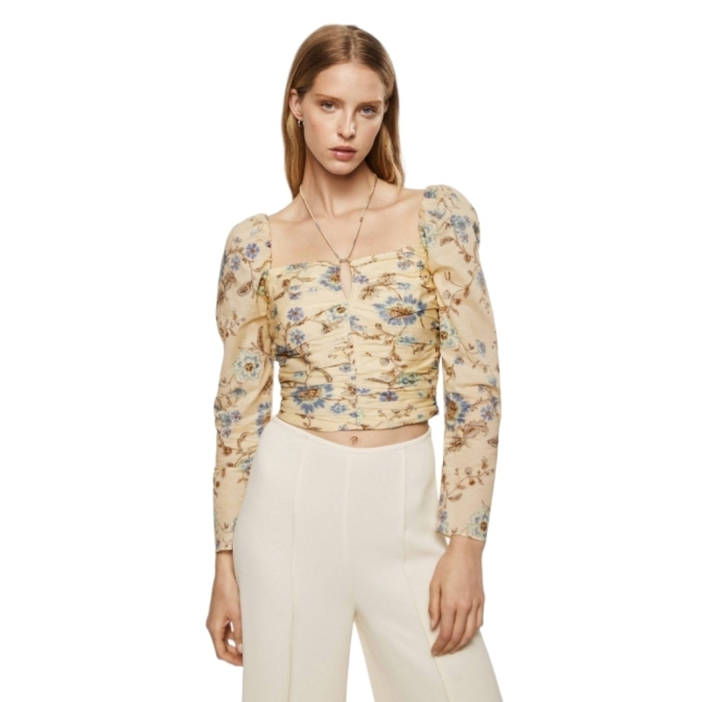 MNG Ruched Floral Printed Blouse Long Sleeveβ Cream/ Blue Womens Size 8 Large